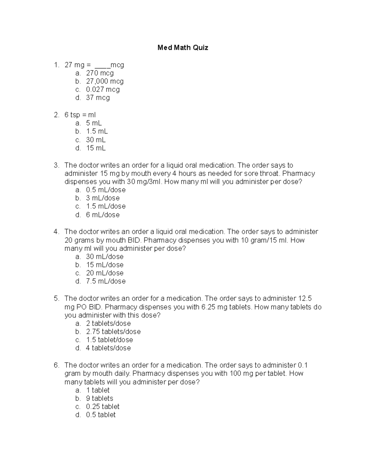 quizzes on med math practice