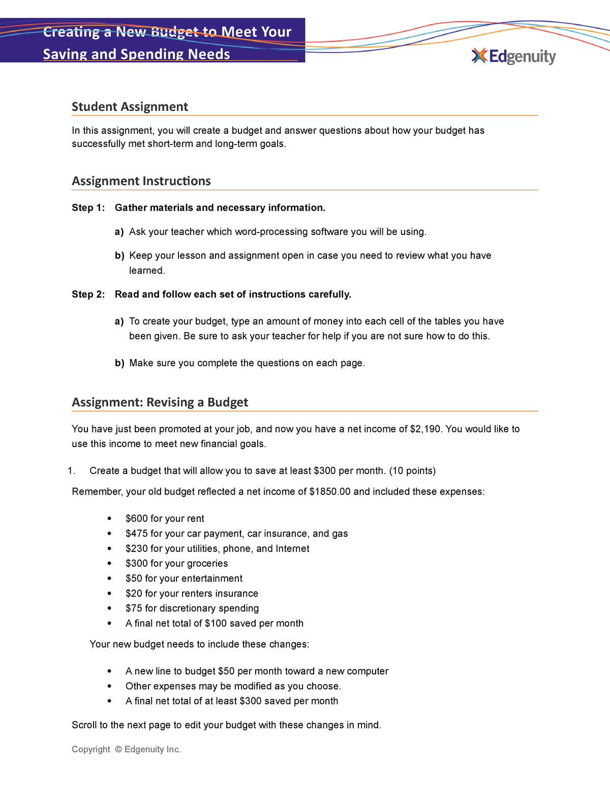 Creating a New Budget Student Assignment - Creating a New Budget
