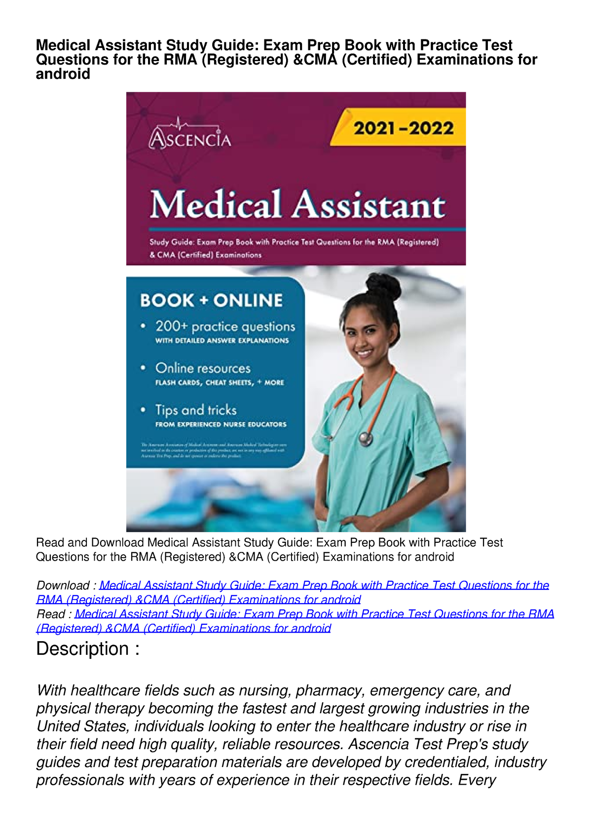 Read Medical Assistant Study Guide Exam Prep Book With Practice Test