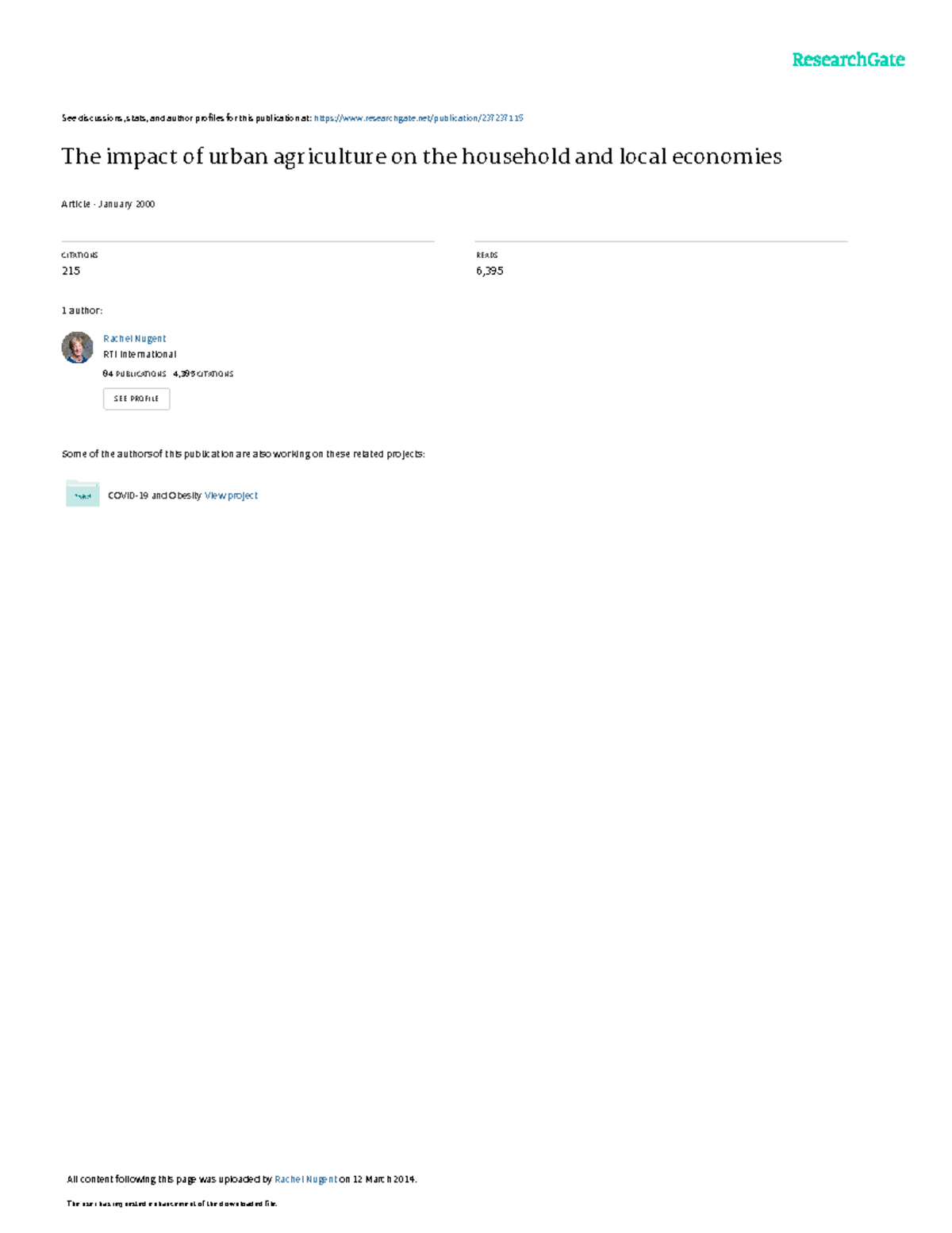 The impact of urban agriculture on the household a - See discussions ...