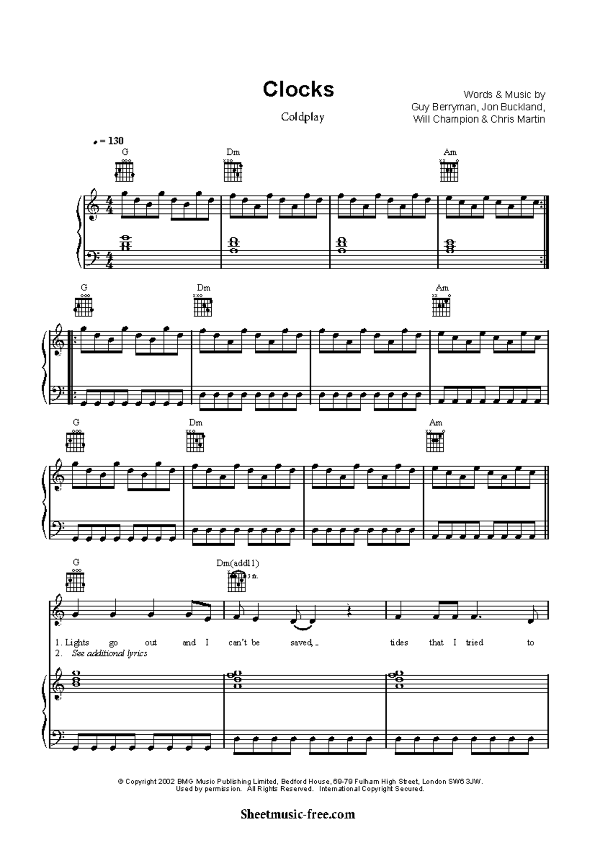 Clocks Piano Sheet Music Coldplay - = 130 oooG Dmoxx Amox x oooG Dmox x  Amoxx oooG Dmoxx Amox x 2. - StuDocu