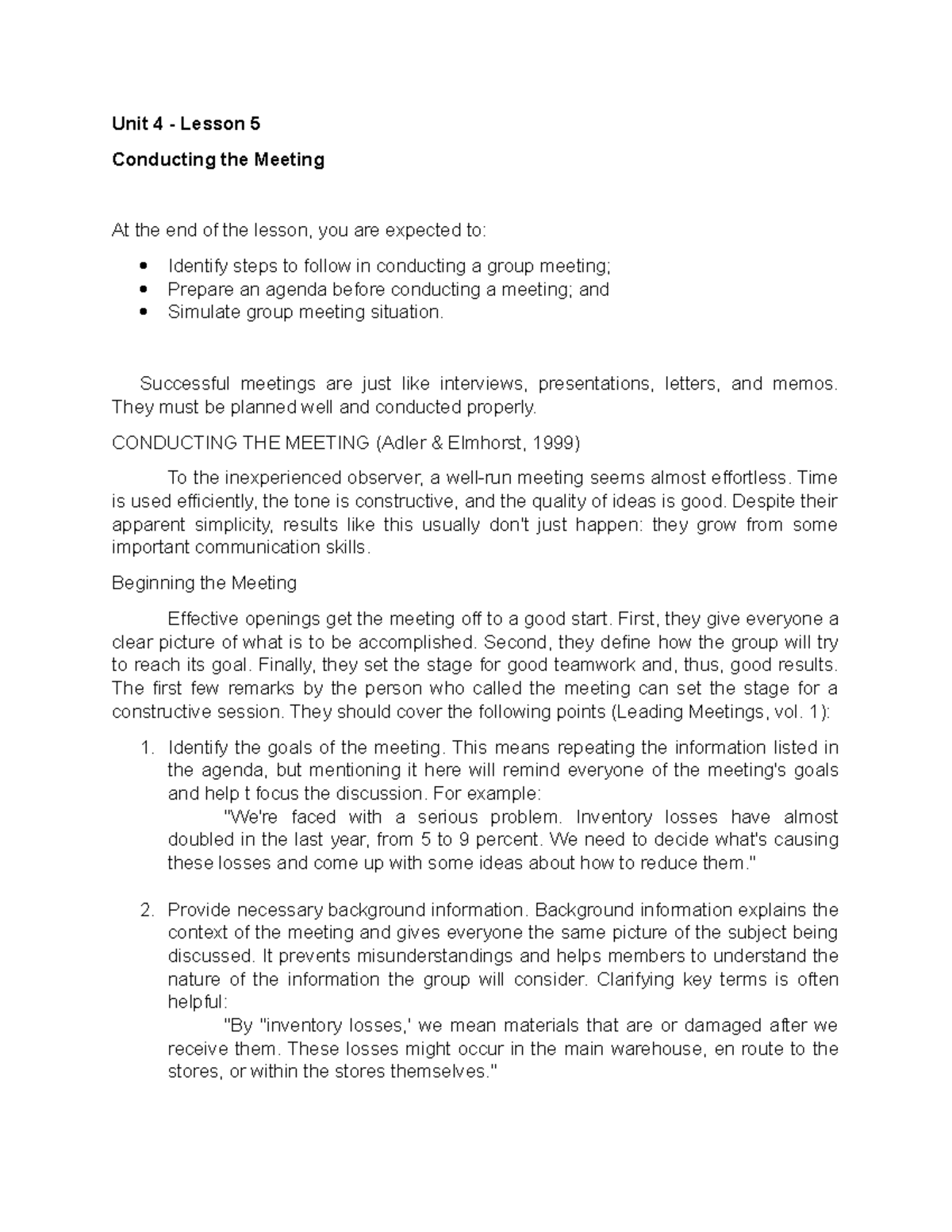 Conducting the Meeting and Following Up the Meeting - Unit 4 - Lesson 5 ...