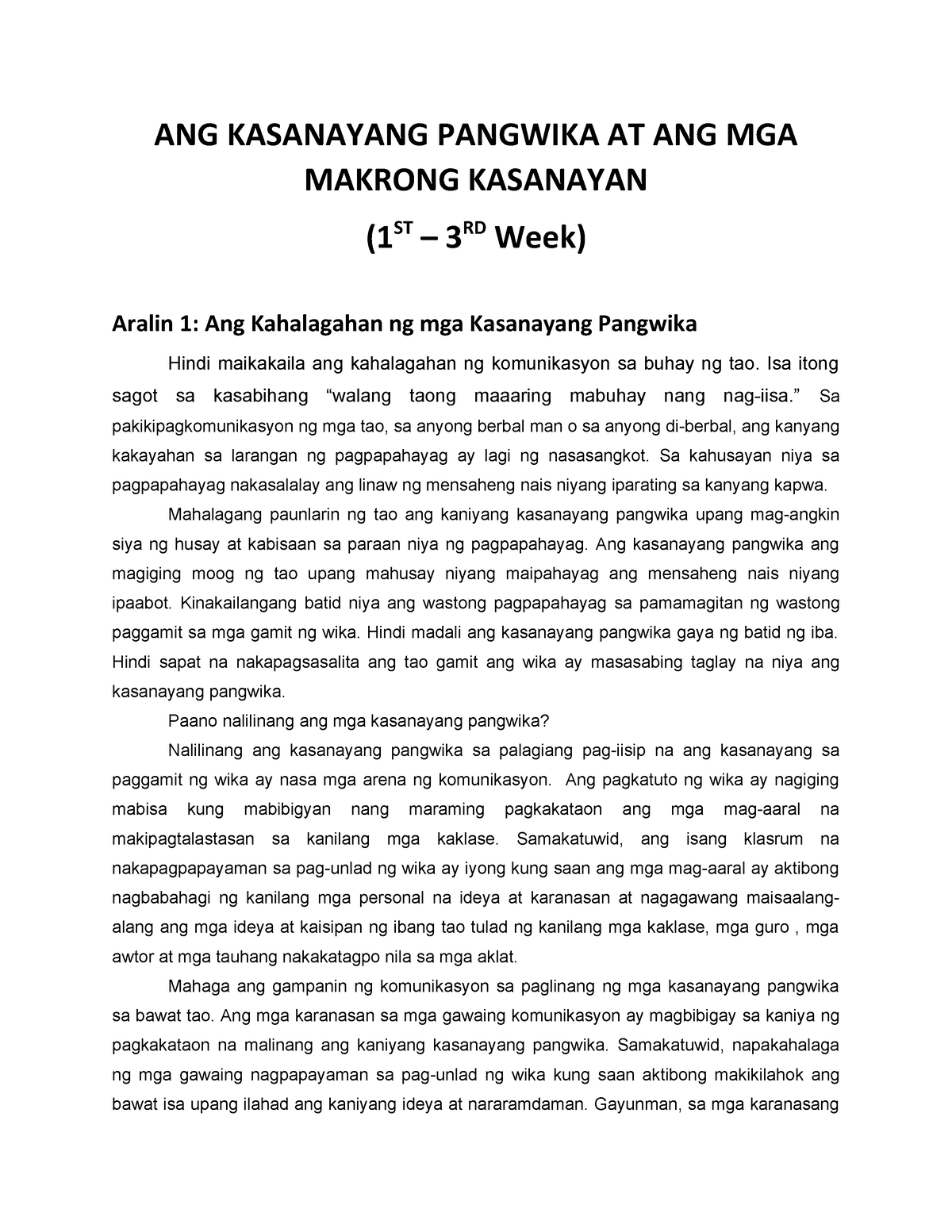 497198251 Aralin 1 Kahalagahan Ng Makrong Kasanayan - Education - Studocu