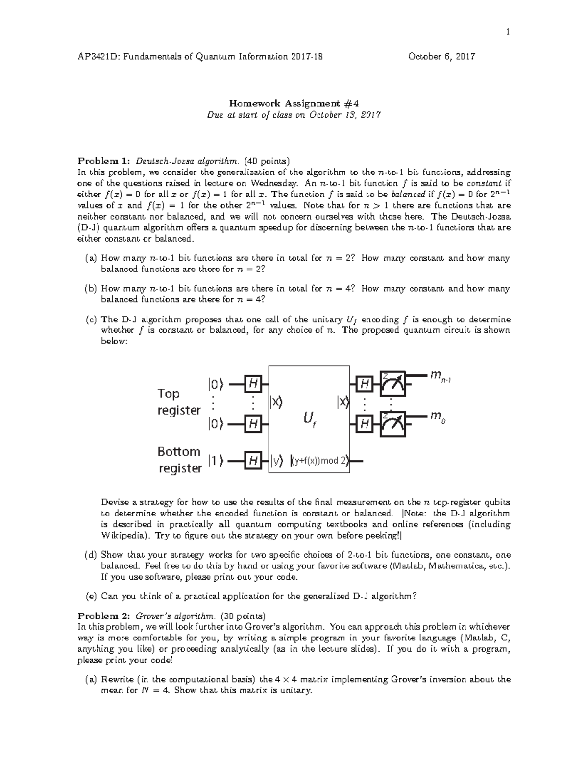 Homework 4 17 1 Ap3421d Fundamentals Of Quantum Information 17 18 October 6 17 Studeersnel