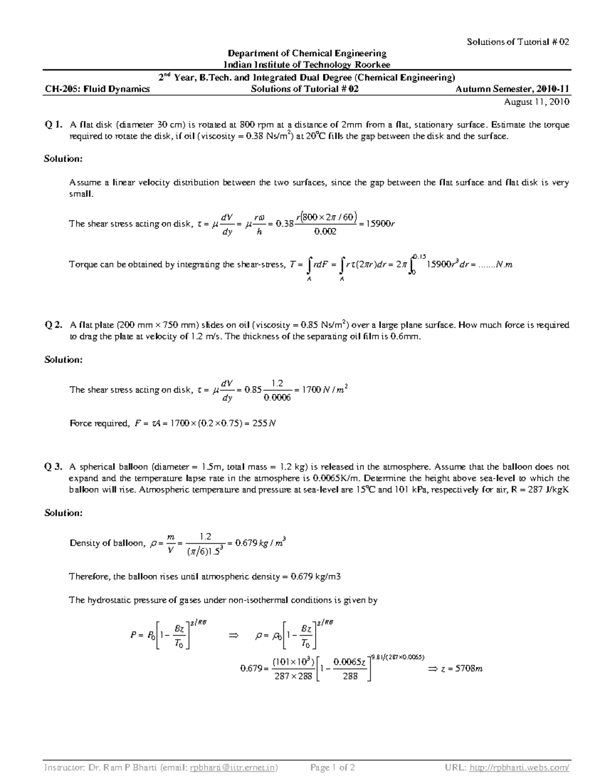 CH-205 Tutorial 2-Solutions - Solutions of Tutorial # 02 Department of ...