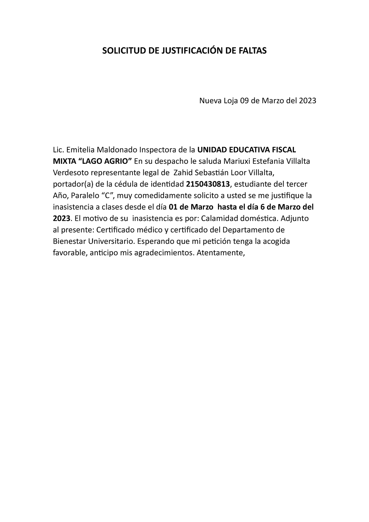 Solicitud De Justificación De Faltas Solicitud De JustificaciÓn De Faltas Nueva Loja 09 De 6720