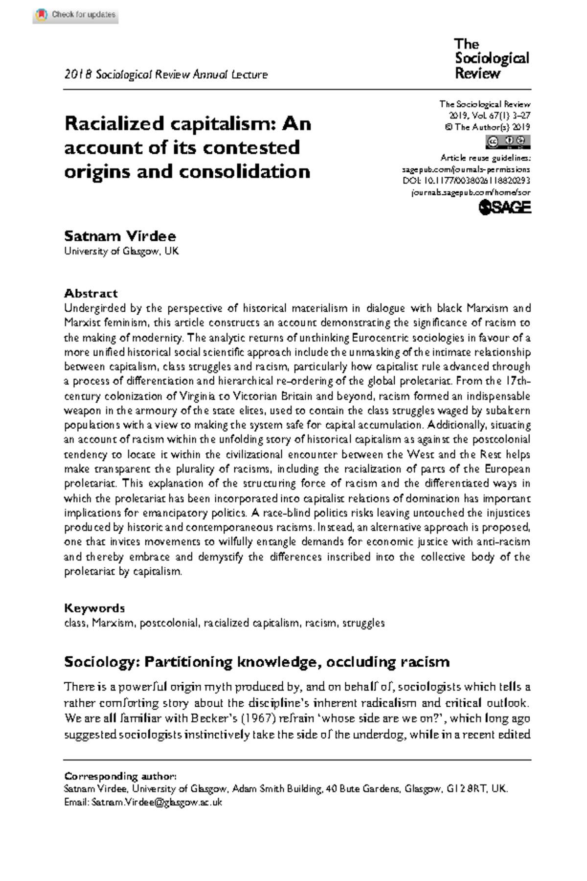 Racialized capitalism - doi/10.1177/ The Sociological Review 2019, Vol ...