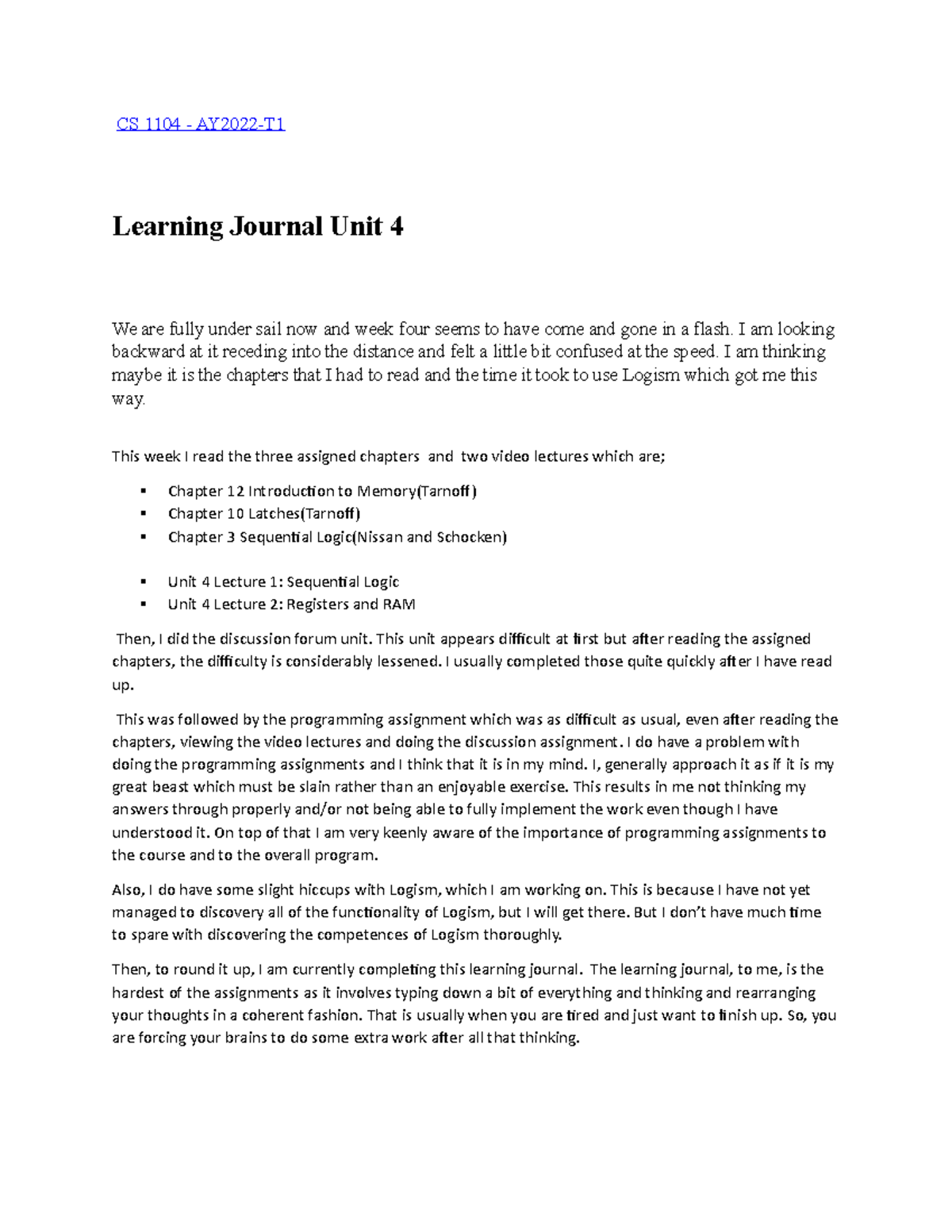 Learning Journal Unit 4 - CS 1104 - UoPeople - Studocu