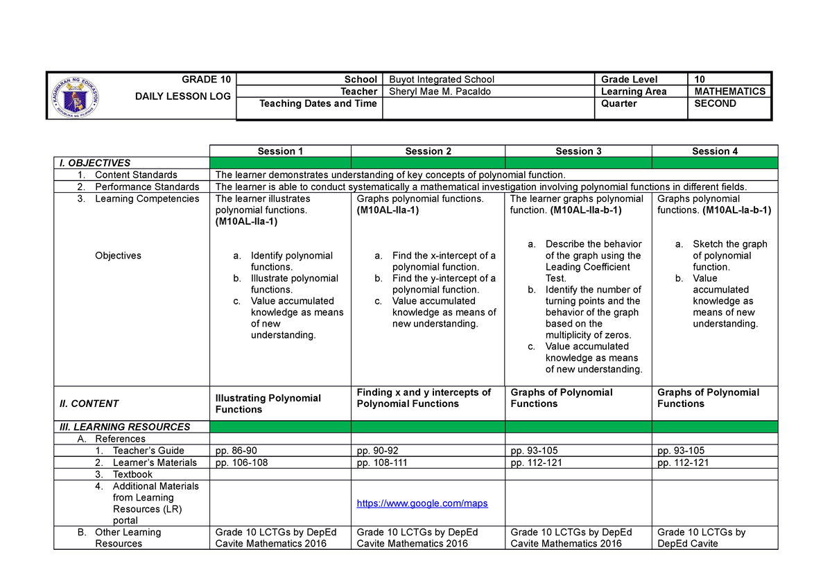 DLL 2ND Quarter - DAILY LESSON LOG - GRADE 10 DAILY LESSON LOG School ...