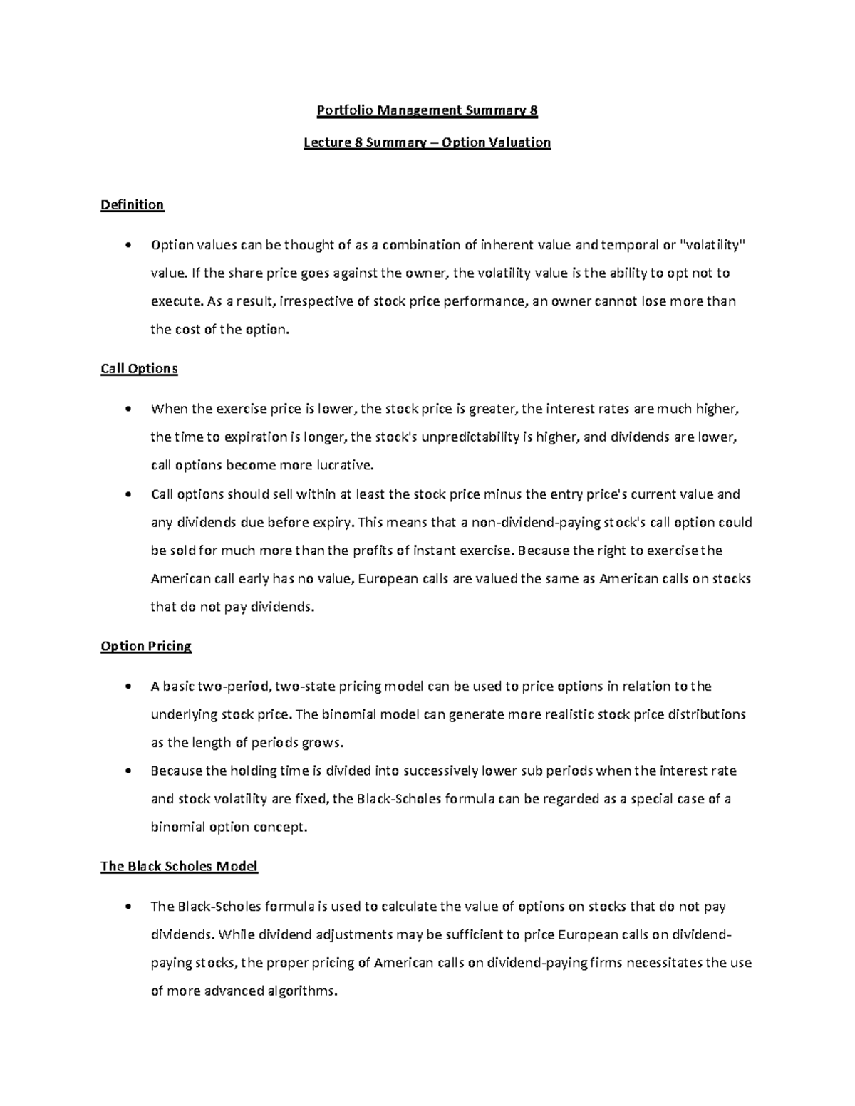 Portfolio Management Summary 8 - Option Valuation - Portfolio ...