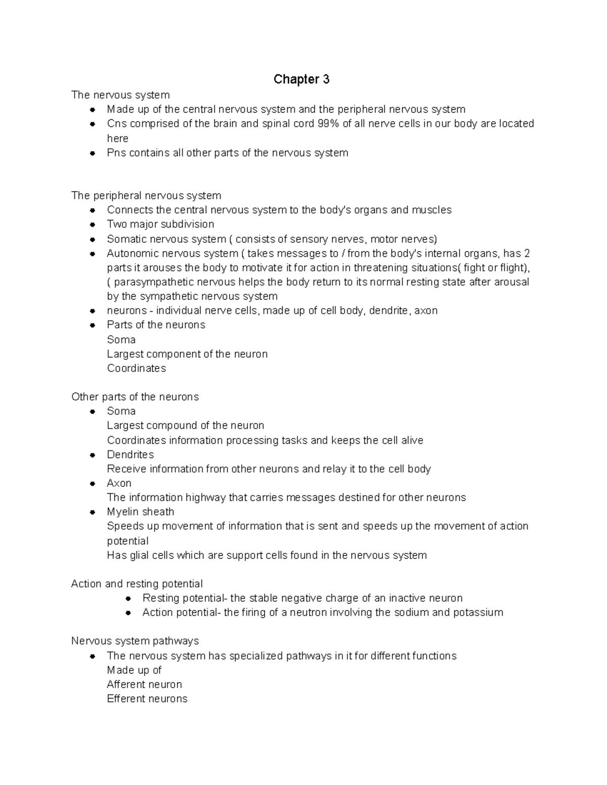 Pyschology ch 3 - chapter 3 notes - Chapter 3 The nervous system Made ...