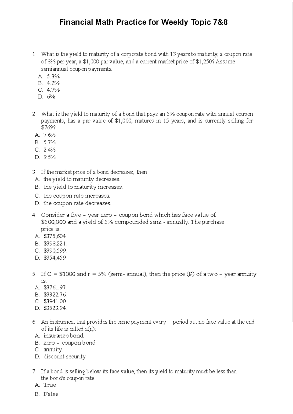 Financial math practice 2 - Financial Math Practice for Weekly Topic 7 ...