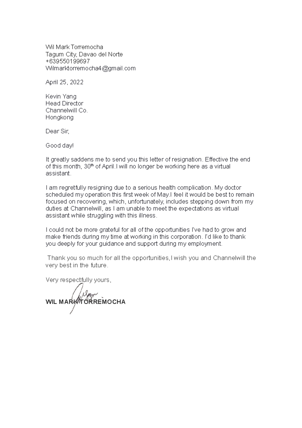 Resignation letter -Wil Mark Torremocha - Wil Mark Torremocha Tagum ...