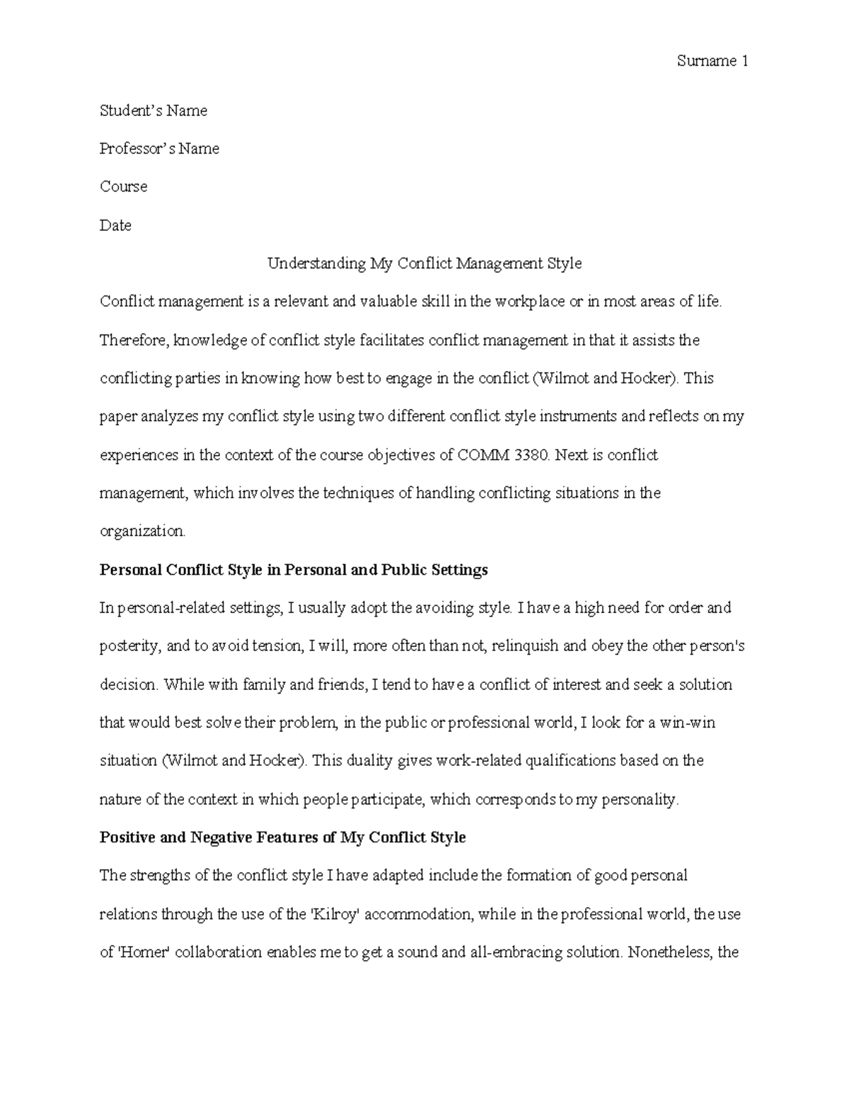 7838065 - Personal Conflict Style Reflection Paper - Student’s Name ...