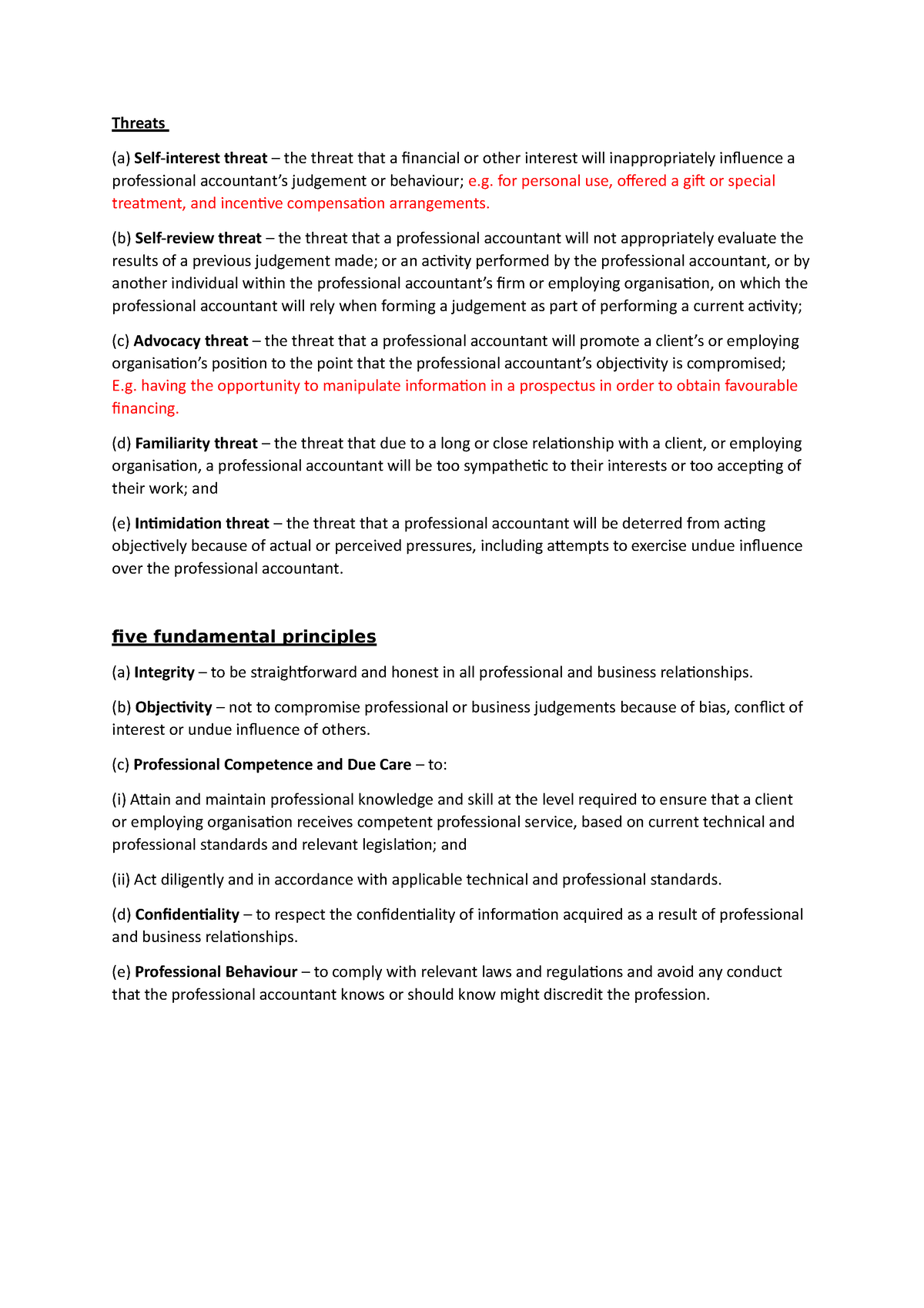 Threats - FOR PRACTICING FOR UPCOMING EXAMS - Threats (a) Self-interest ...