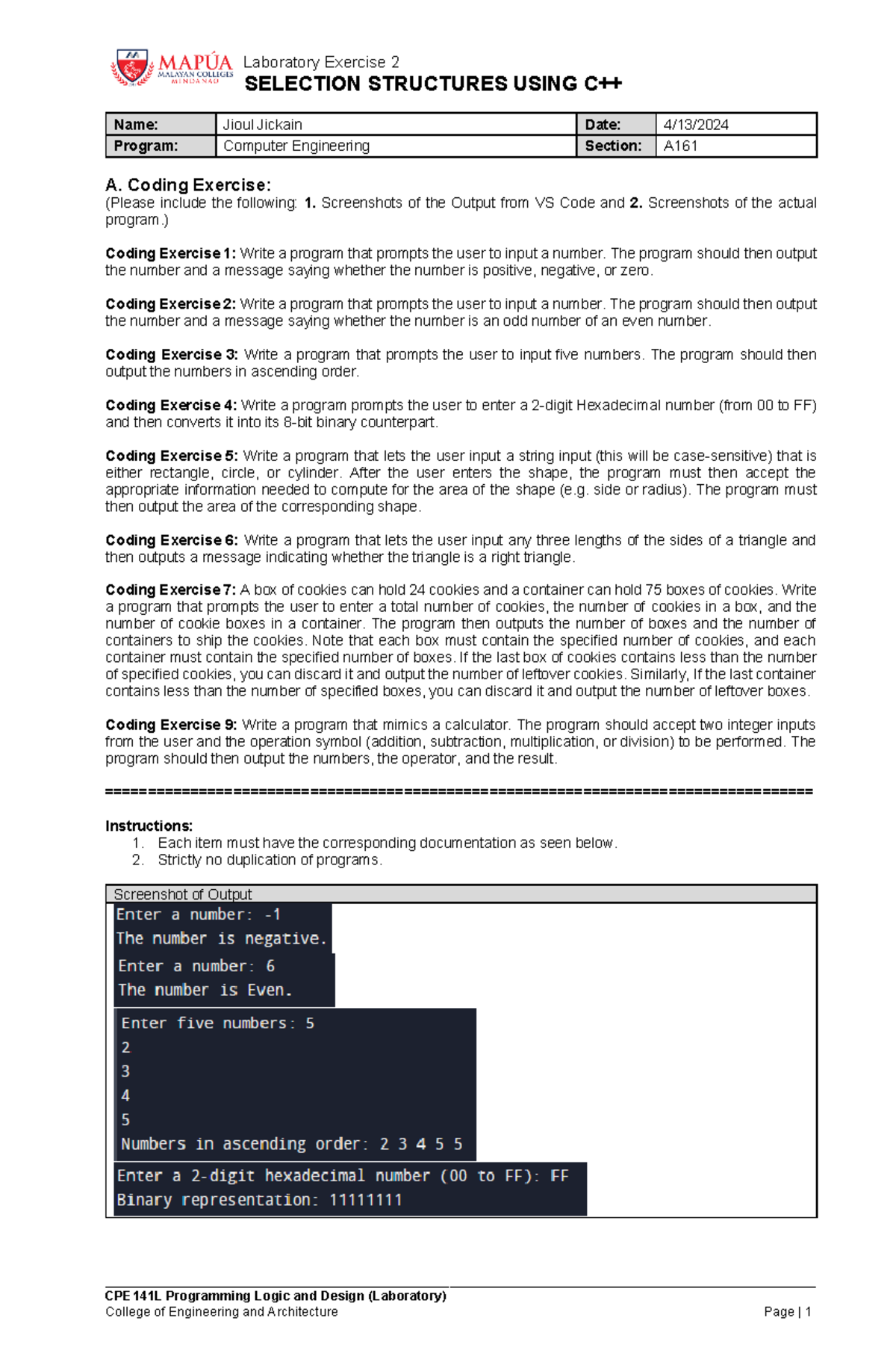 Laboratory Exercise 2 - SELECTION STRUCTURES USING C++ - Studocu