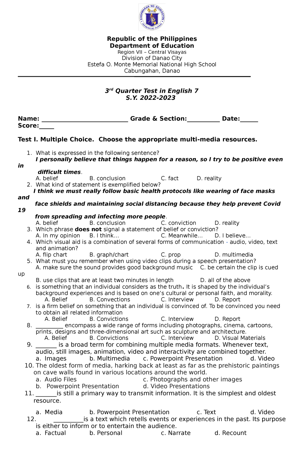 3rd Quarter Test In English 7 Republic Of The Philippines Department Of Education Region Vii 9186