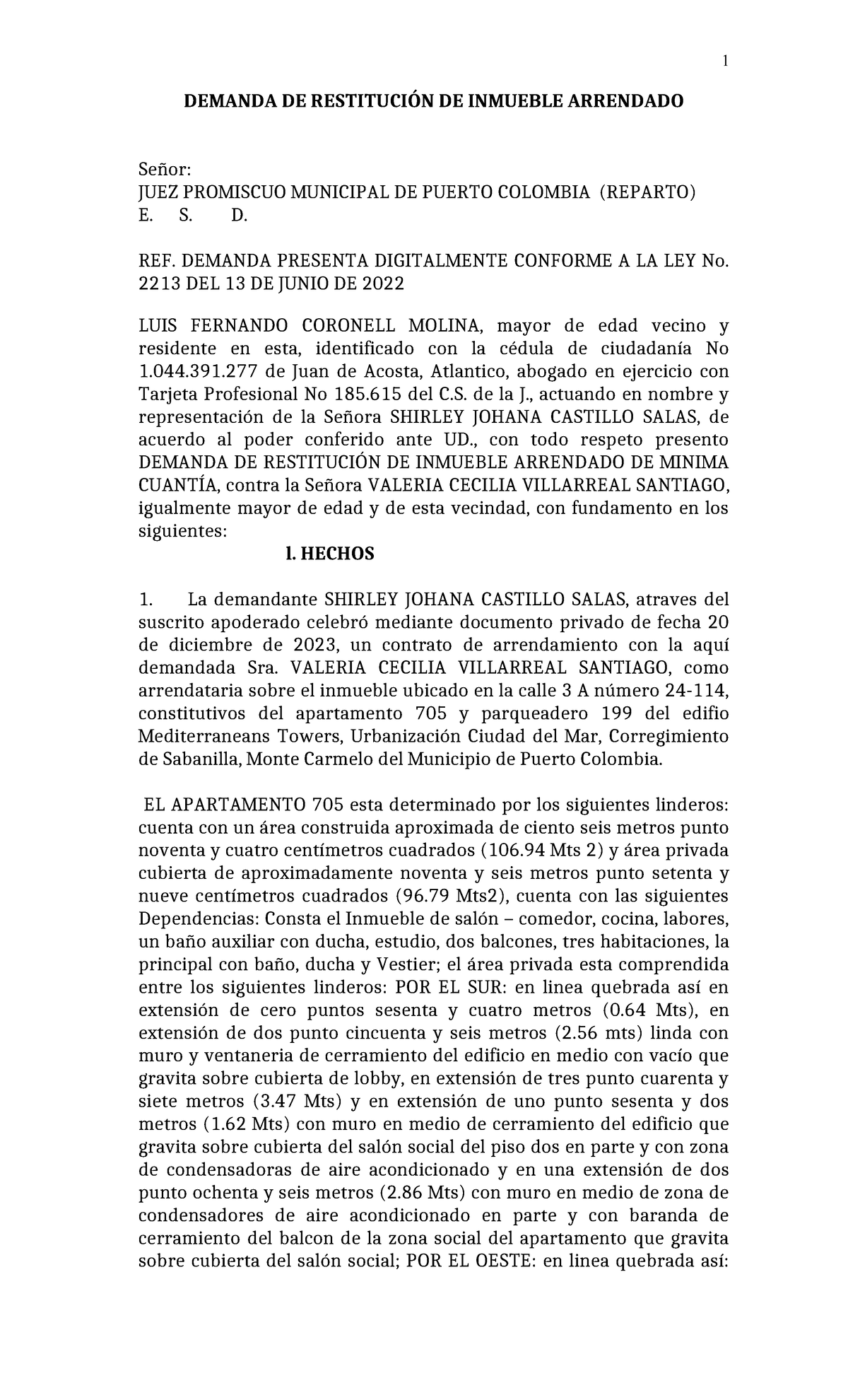 Demanda DE Restitucion DE Inmueble - DEMANDA DE RESTITUCIÓN DE INMUEBLE ...