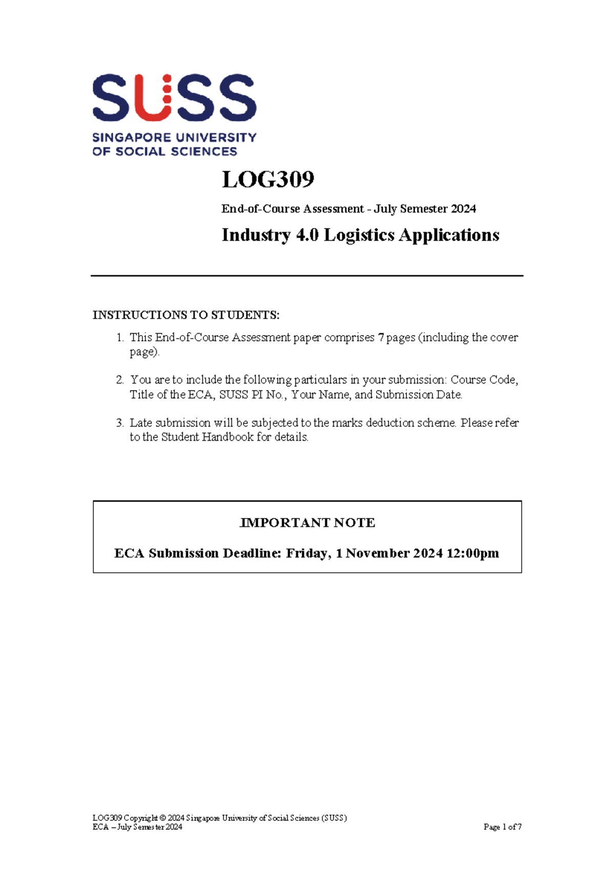 LOG309 Industry 4.0 Logistics Applications ECA Question Paper 2024 ...