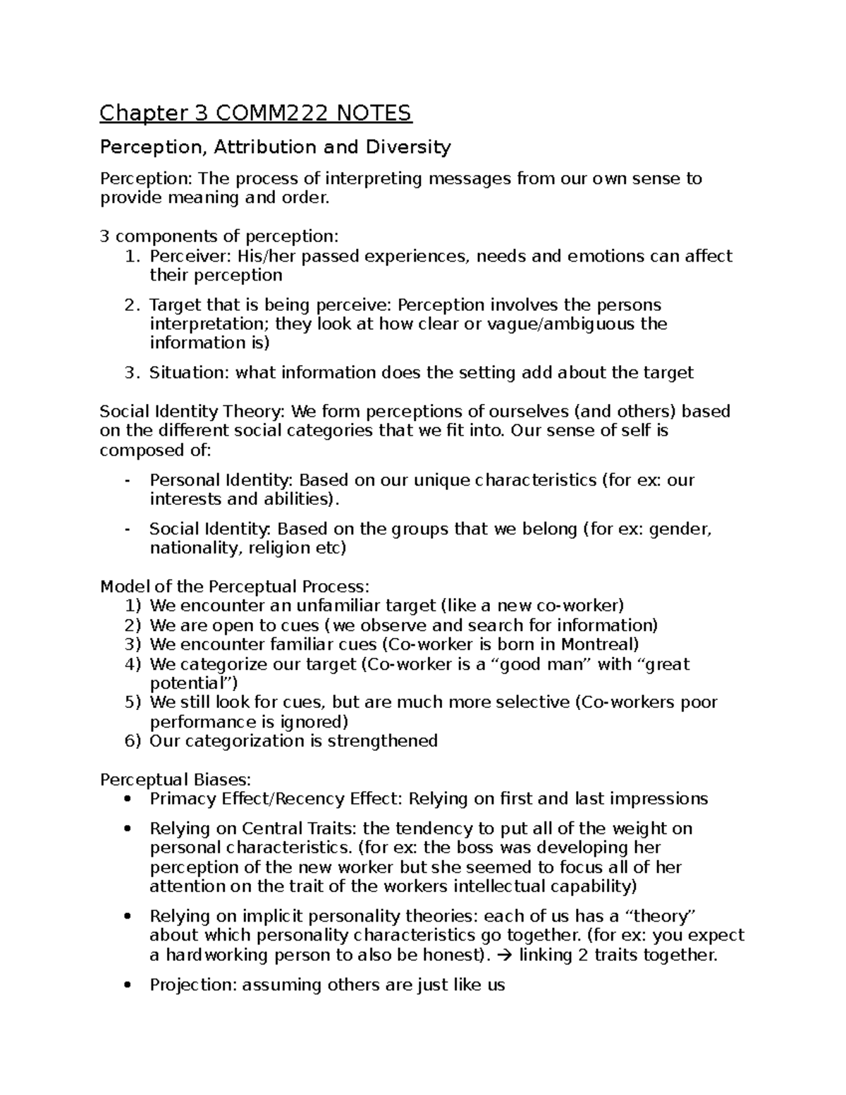 Chapter 3 COMM222 notes - Chapter 3 COMM222 NOTES Perception ...