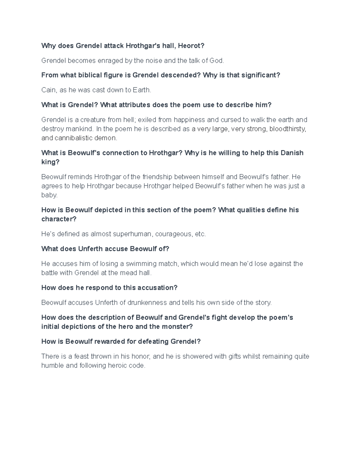 Beowulf week 1 Questions Why does Grendel attack Hrothgar's hall