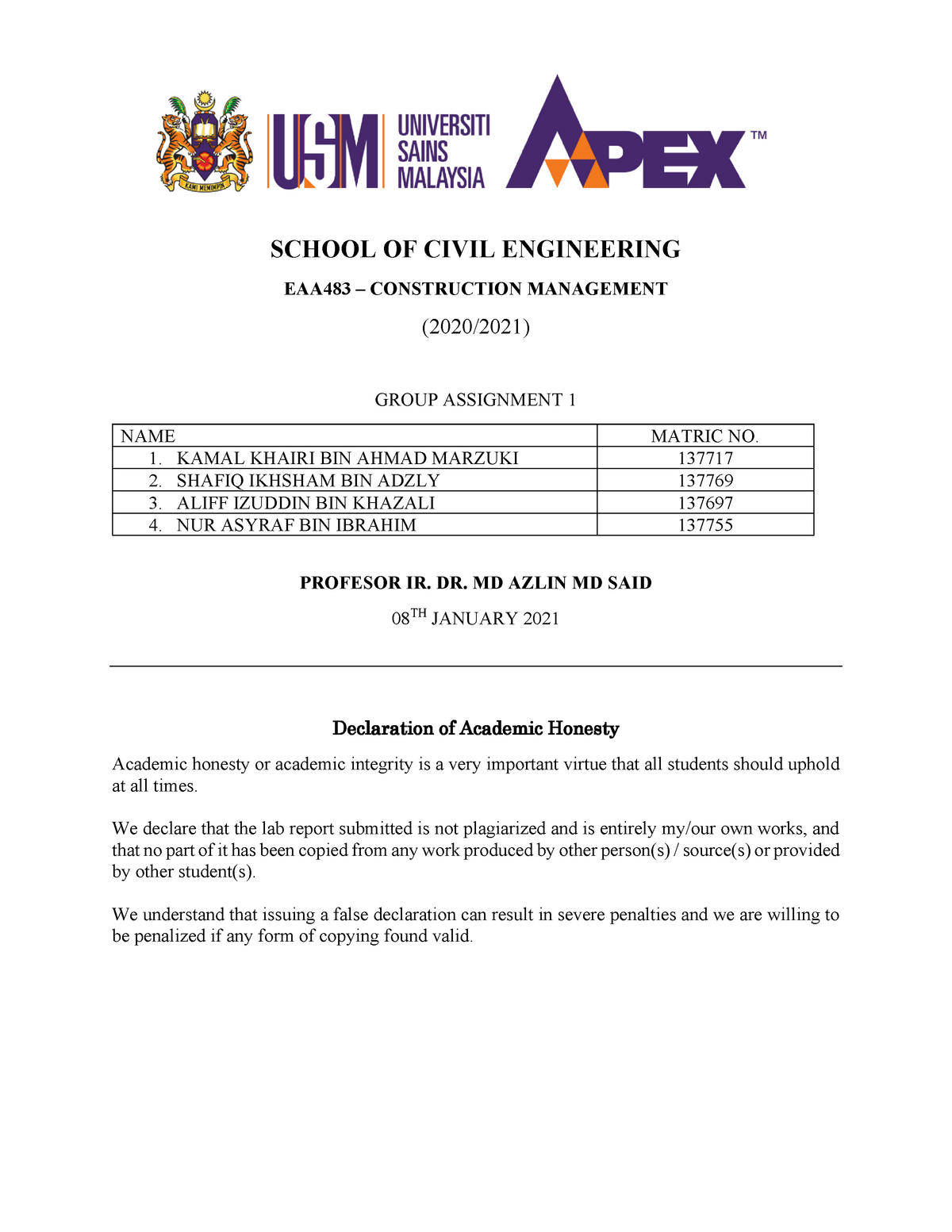 Assignment 1 EAA483 CONTRUCTION MANAGEMENT - Civil Engineering 