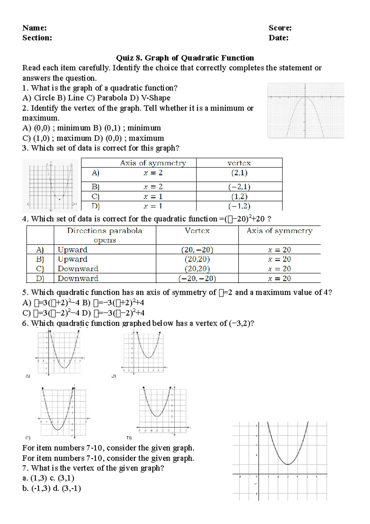 Quiz Graph of Quadratic Function - Name: Score: Section: Date: Quiz 8 ...