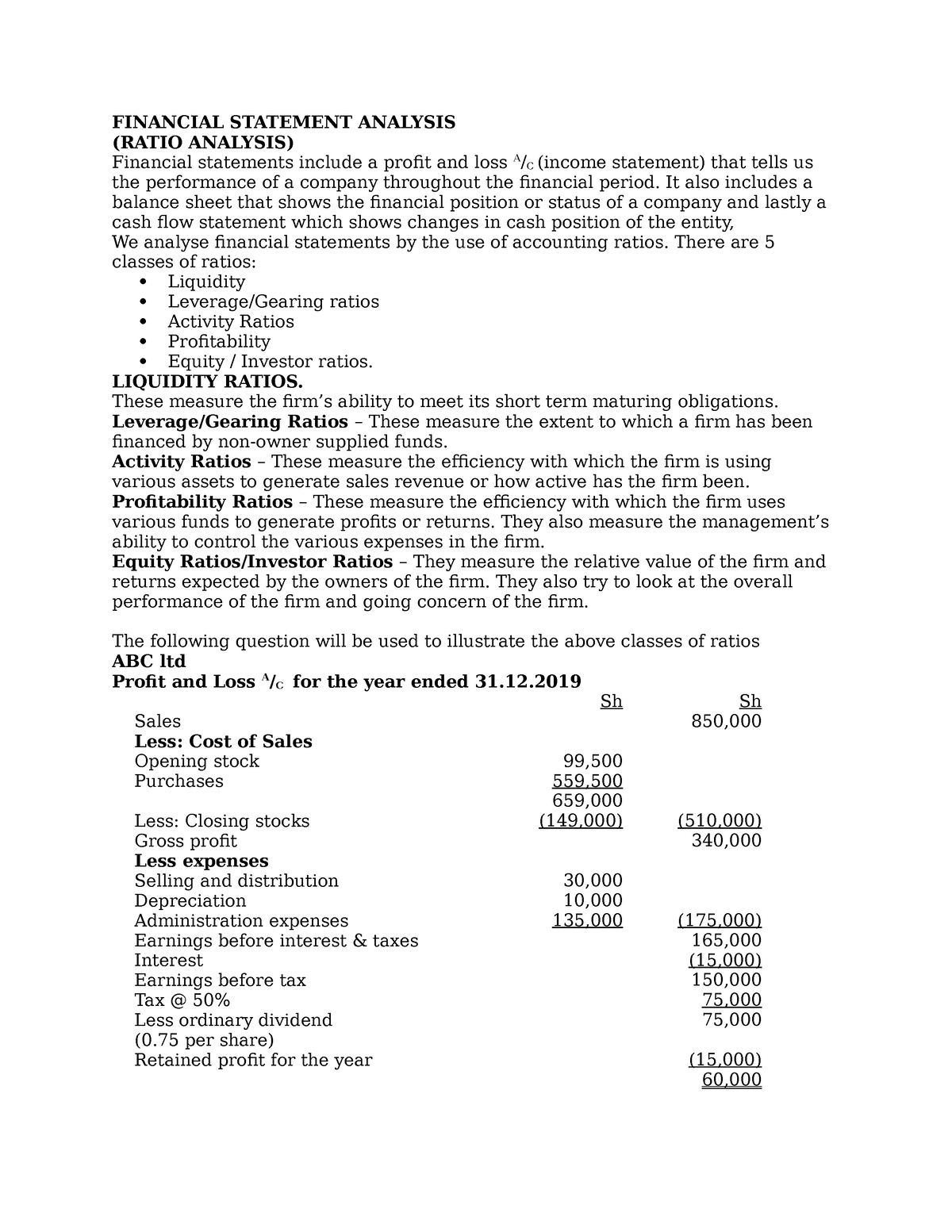 assignment on financial statement ratio analysis