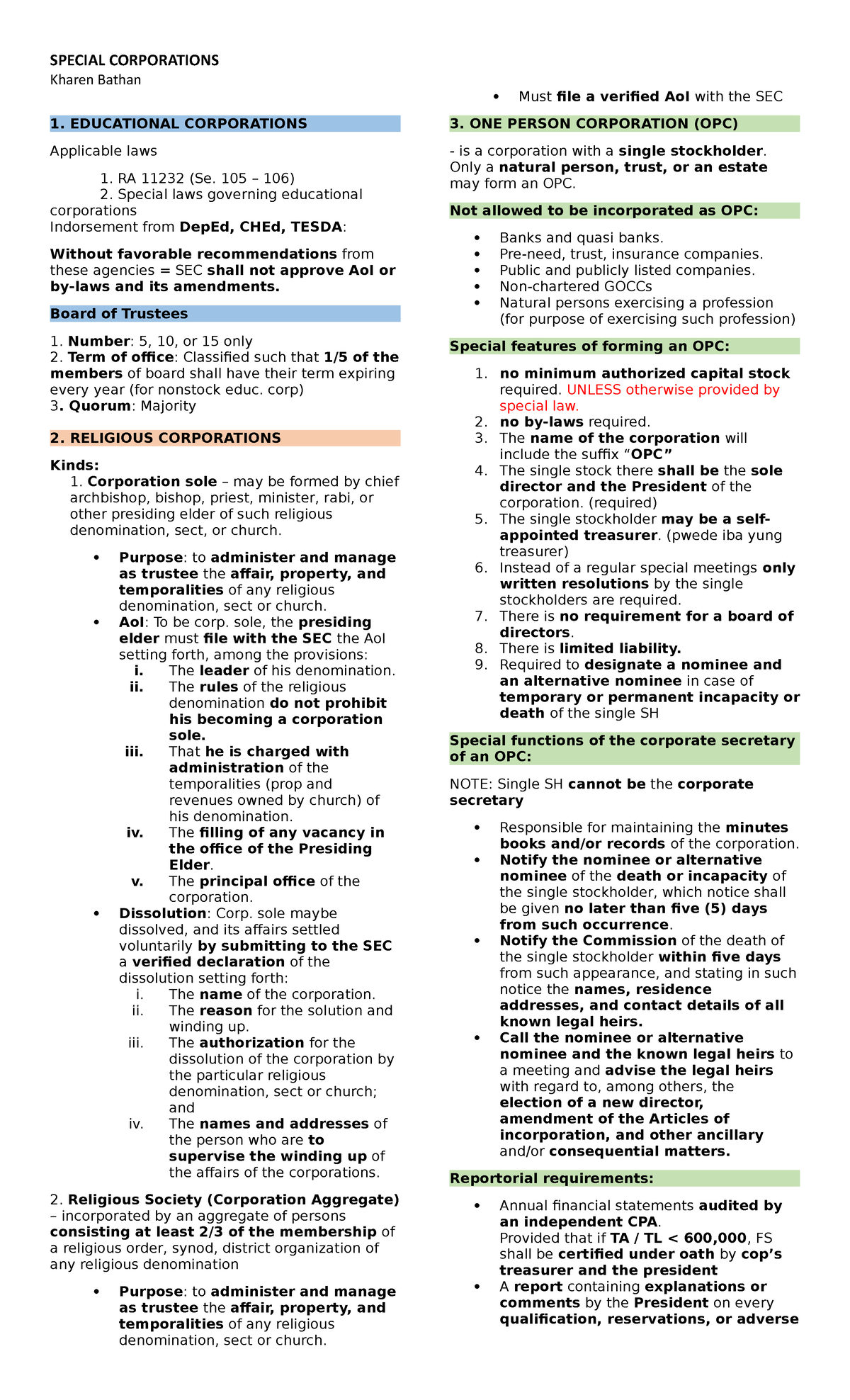 Special Corporations STUDY SPECIAL CORPORATIONS Kharen Bathan 1