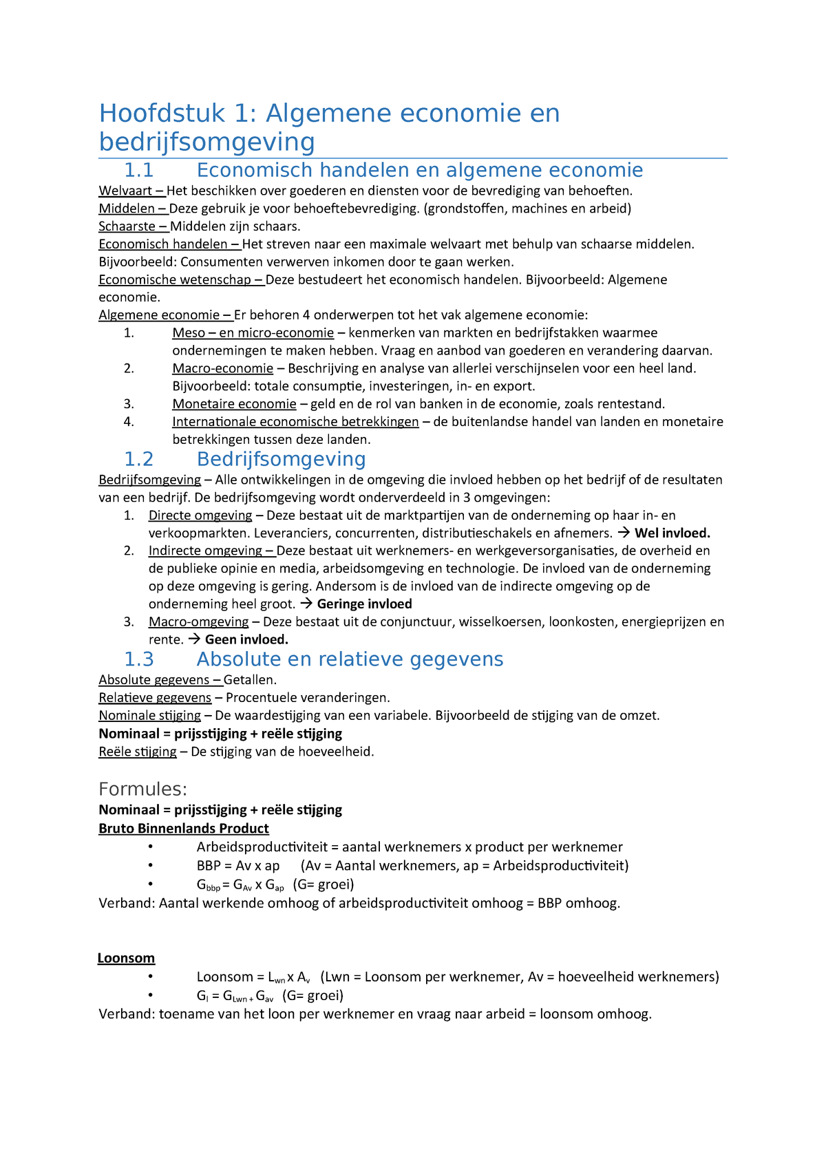 Samenvatting Algemene Economie En Bedrijfsomgeving Hoofdstuk Algemene Economie Studeersnel