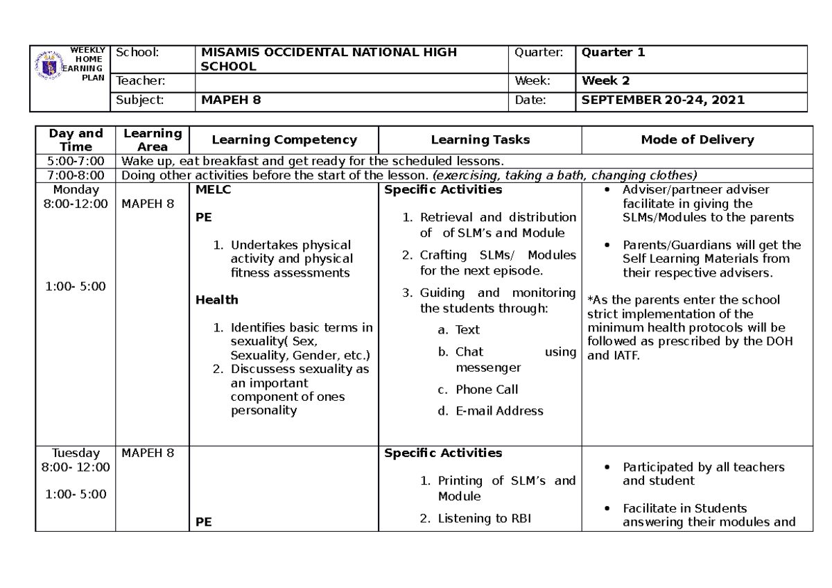WHLP WEEK 2 - none - WEEKLY HOME LEARNING PLAN School: MISAMIS ...