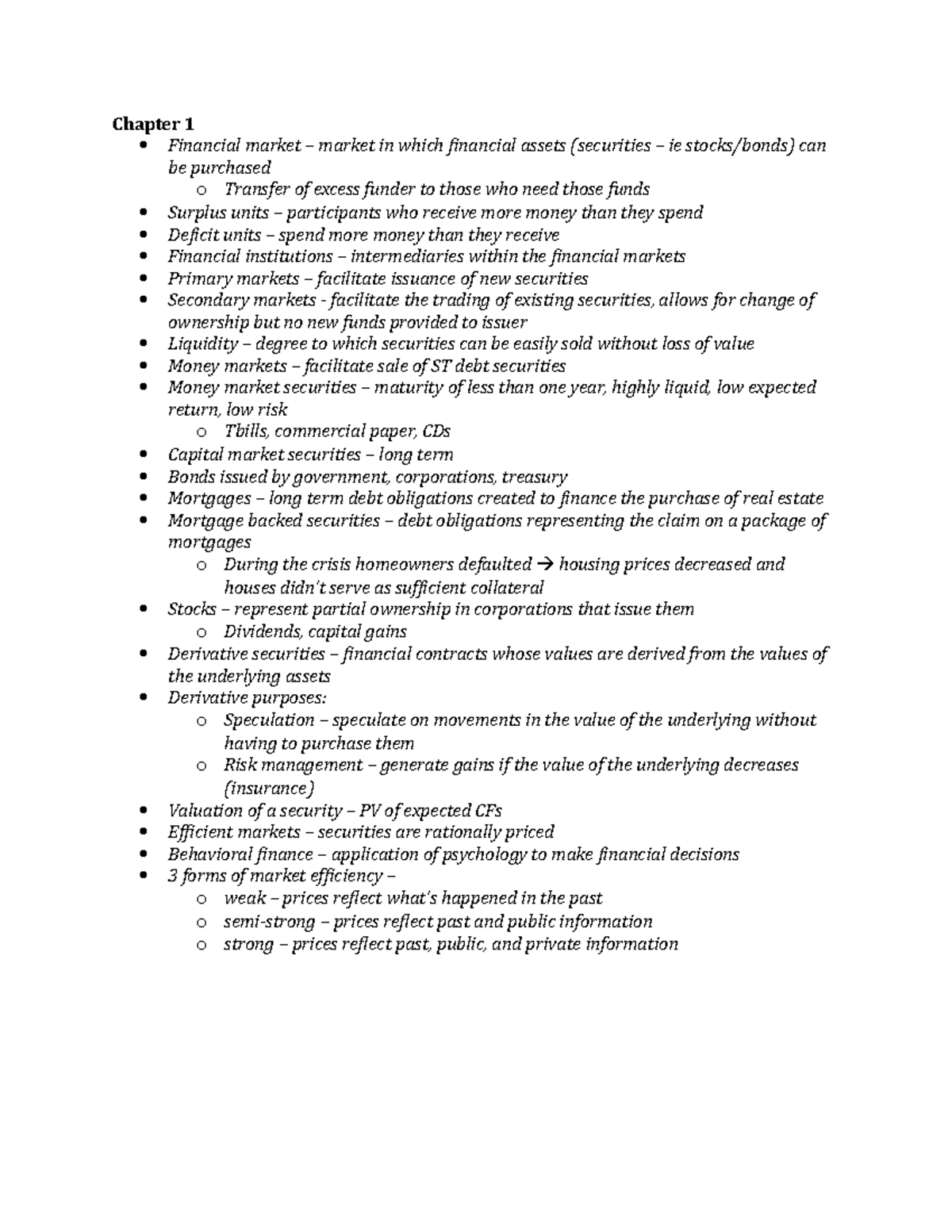 Fin 330 Midterm outline - Chapter 1 Financial market – market in which ...