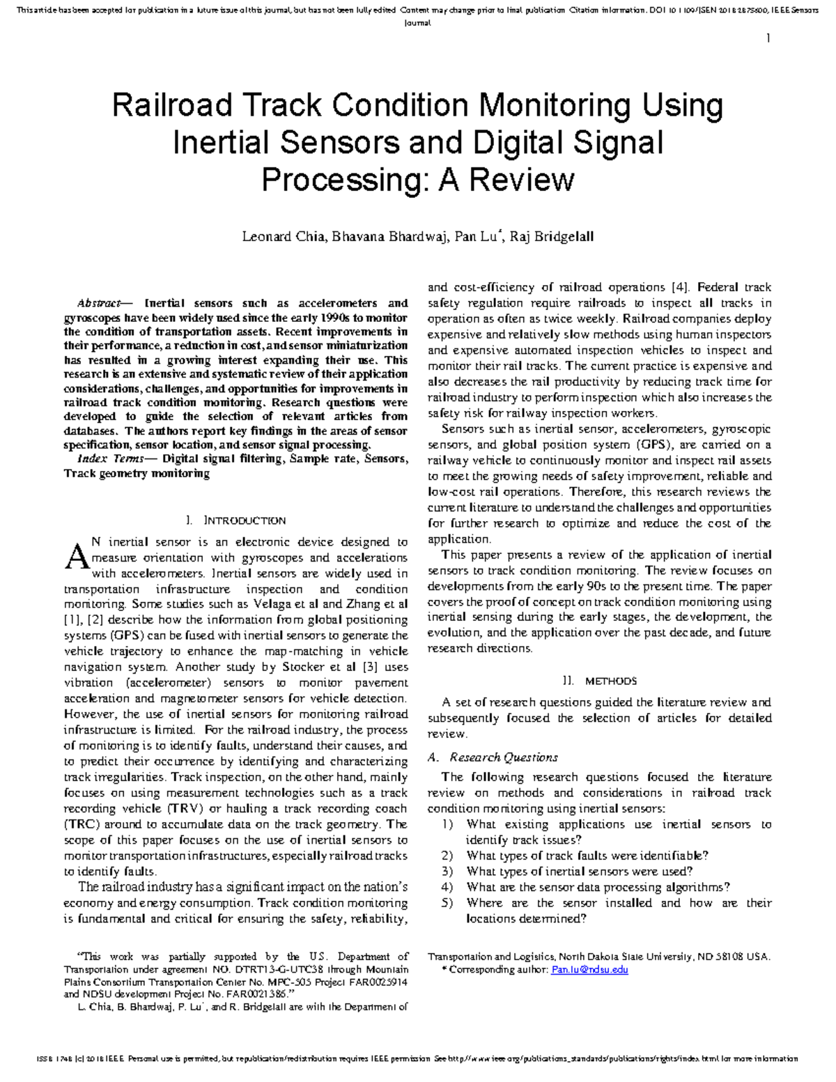 Railroad Track Condition Monitoring Using Inertial Sensorsand Digital