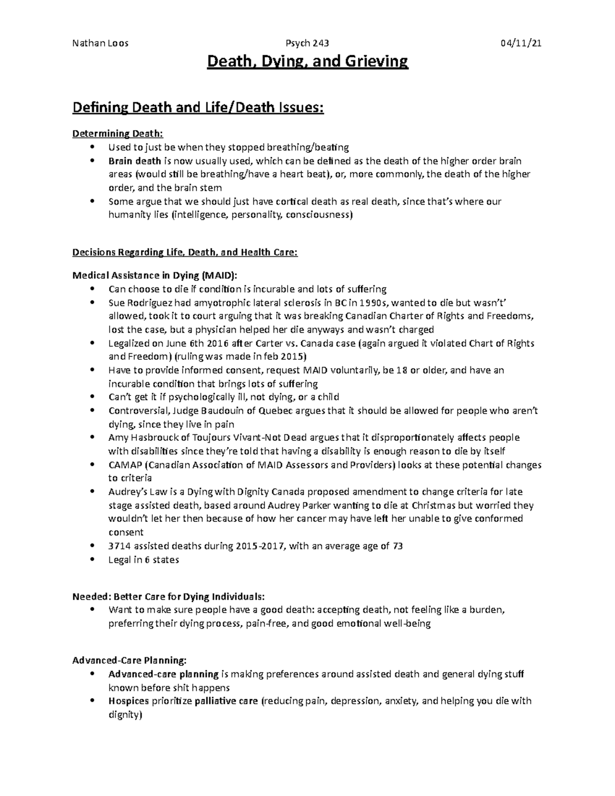 Ch 13 Death, Dying, and Grieving Death, Dying, and Grieving Defining
