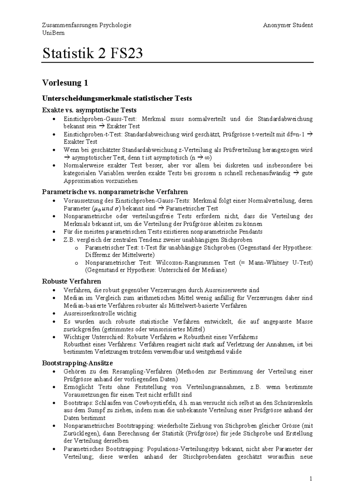 Zusammenfassung Statistik 2 FS23 - UniBern Statistik 2 FS Vorlesung 1 ...