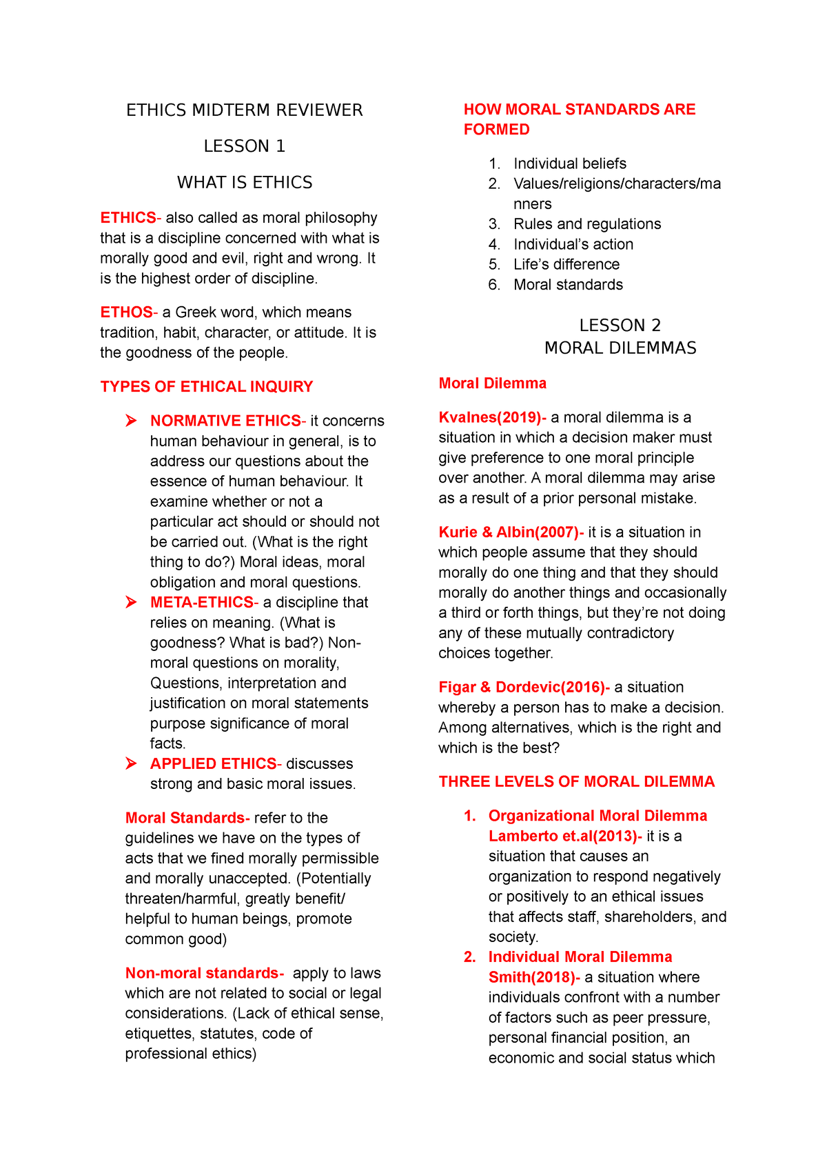 Ethics- Midterm- Reviewer - ETHICS MIDTERM REVIEWER LESSON 1 WHAT IS ...