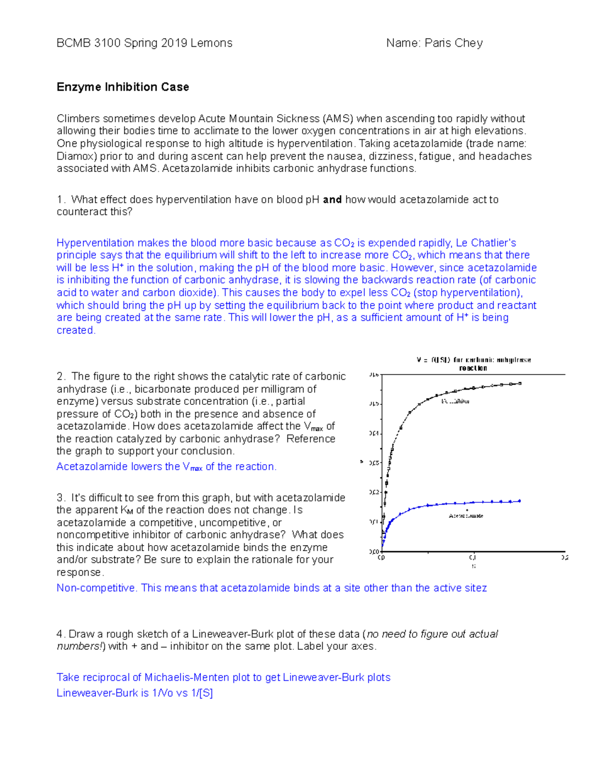 Class 16 Inhibition Case Study Bcmb 3100 Spring 2019 Lemons Name Paris Chey Enzyme Inhibition Case Climbers Sometimes Develop Acute Mountain Sickness Ams When Studocu