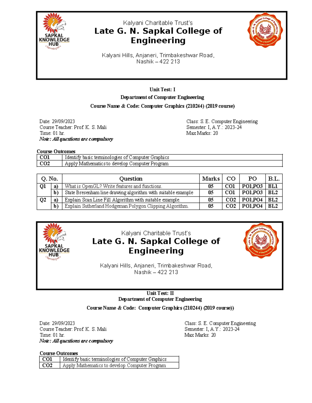 Class test - I CG 2023-24Sem-I - Kalyani Charitable Trust’s Late G. N ...
