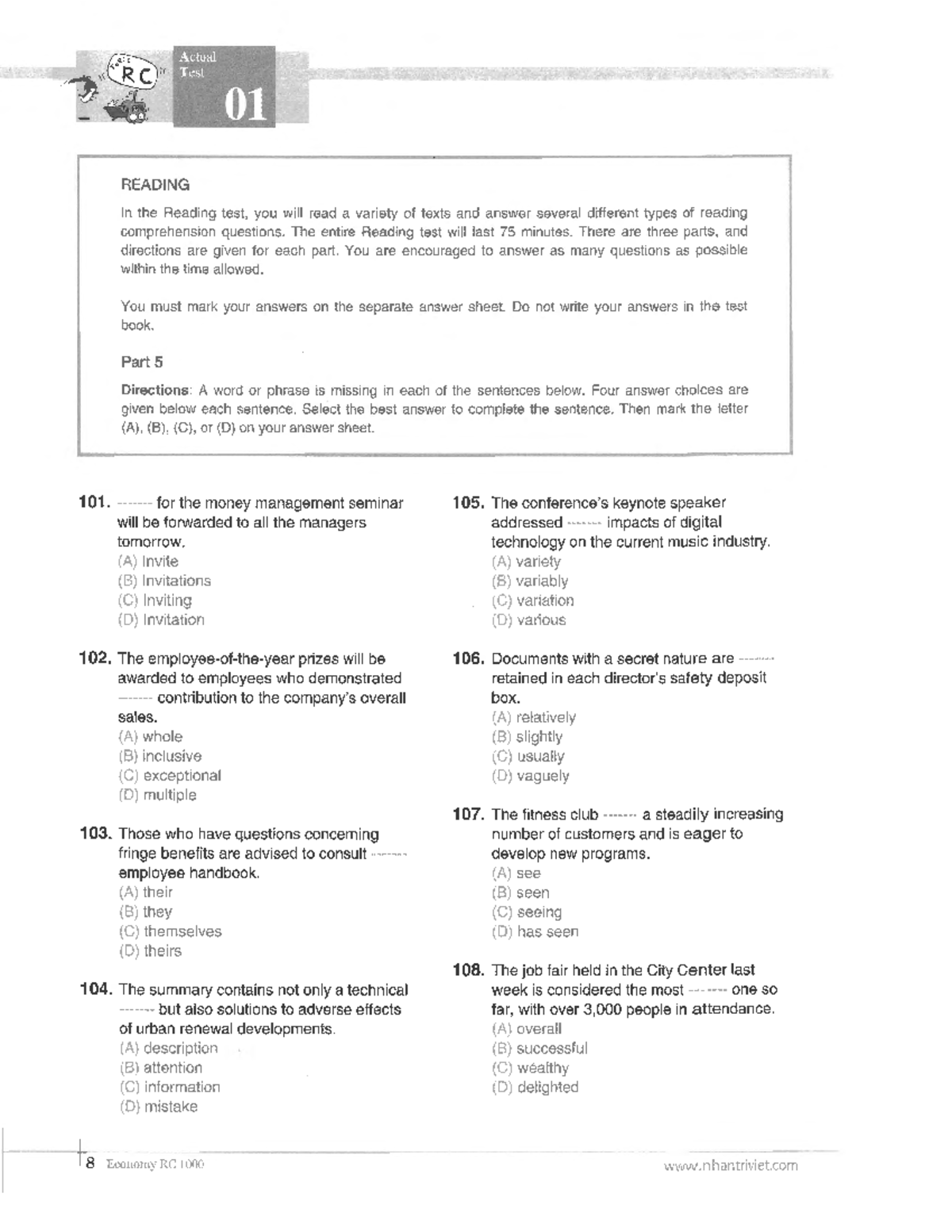 2 RC1 1 - YES - Actual Test READING 01 In The Reading Test, You Will ...