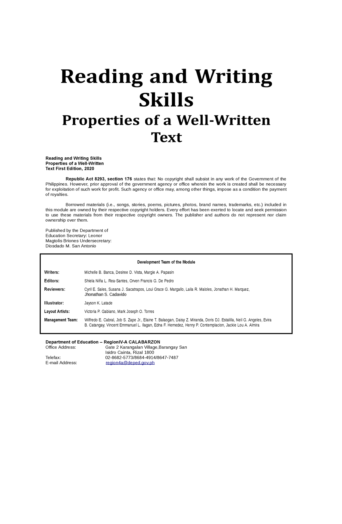 Reading and Writing Skills Reading and Writing Skills Properties of a