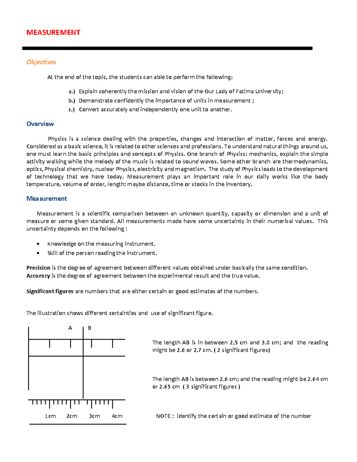 GENERAL PHYCICS-211-1. Measurement NOTES - MEASUREMENT Objectives At ...