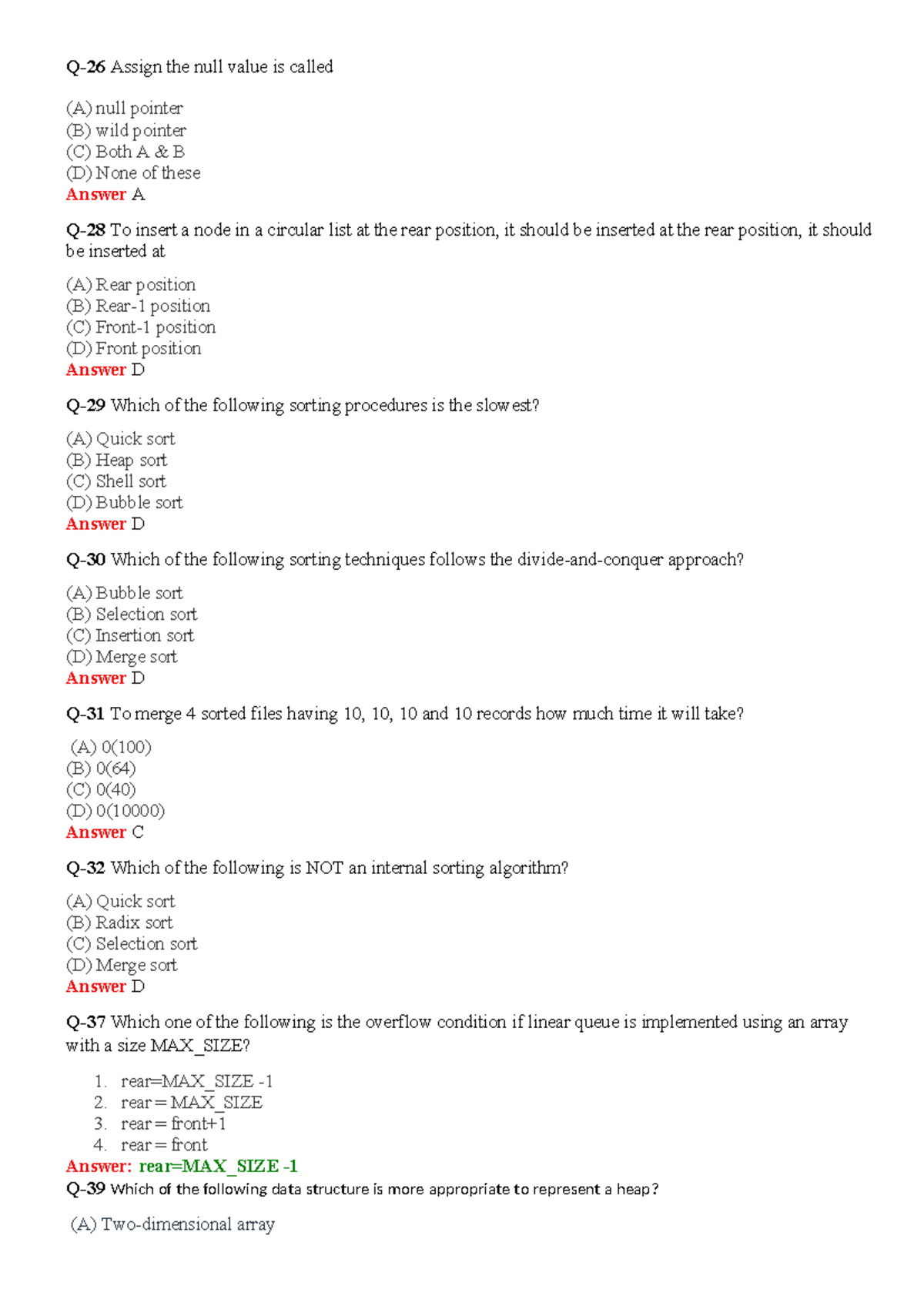 Dsa questions data structure question with answers q 26 assign the