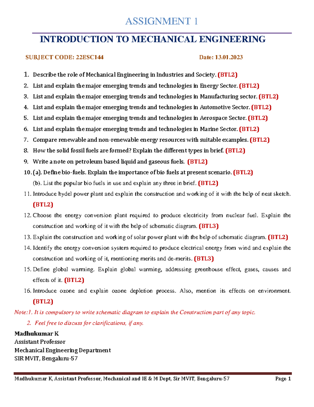 Assignment 1 - INTODUCTION TO MECHANICAL ENGINEERING - Madhukumar K ...