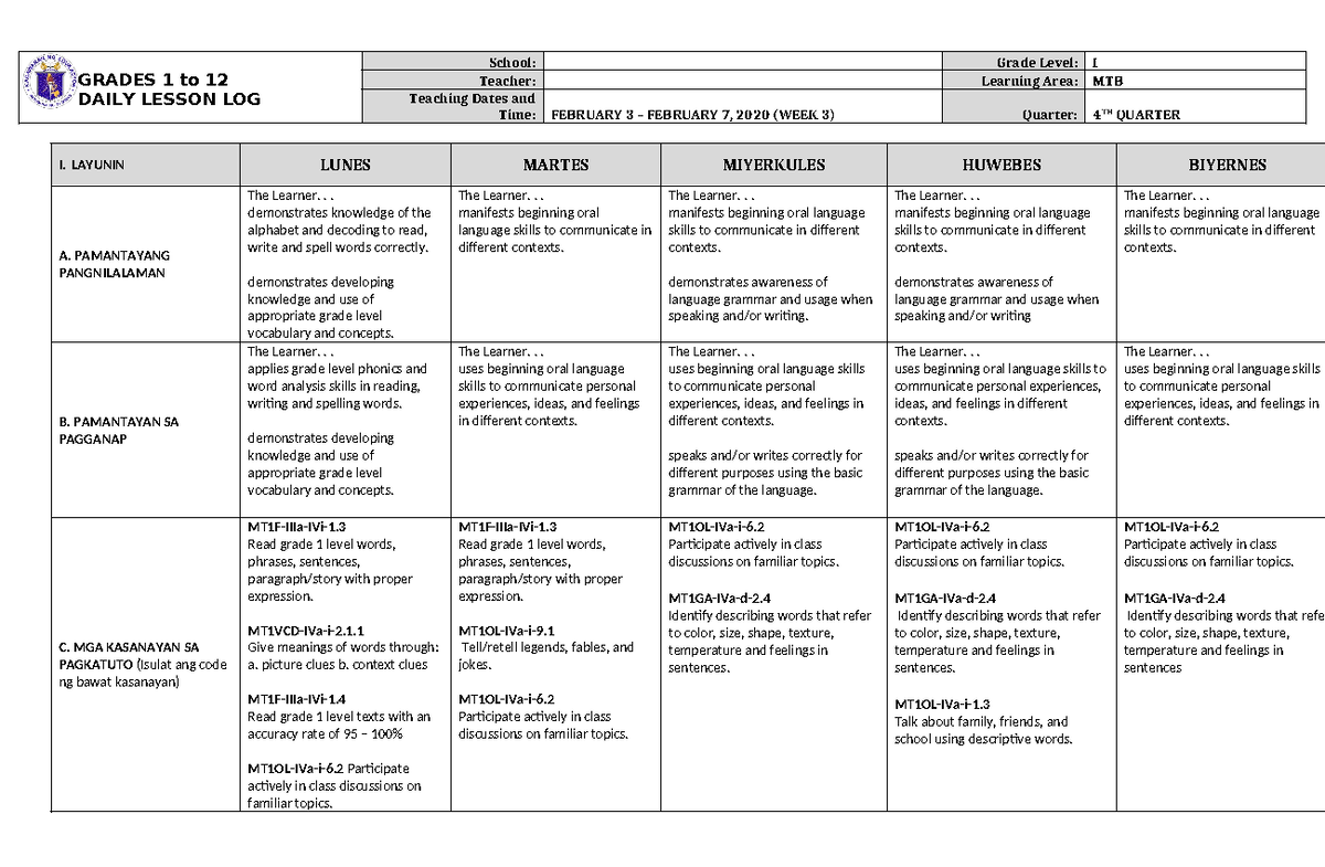 DLL MTB 1 Q4 W3 - GRADES 1 to 12 DAILY LESSON LOG School: Grade Level ...