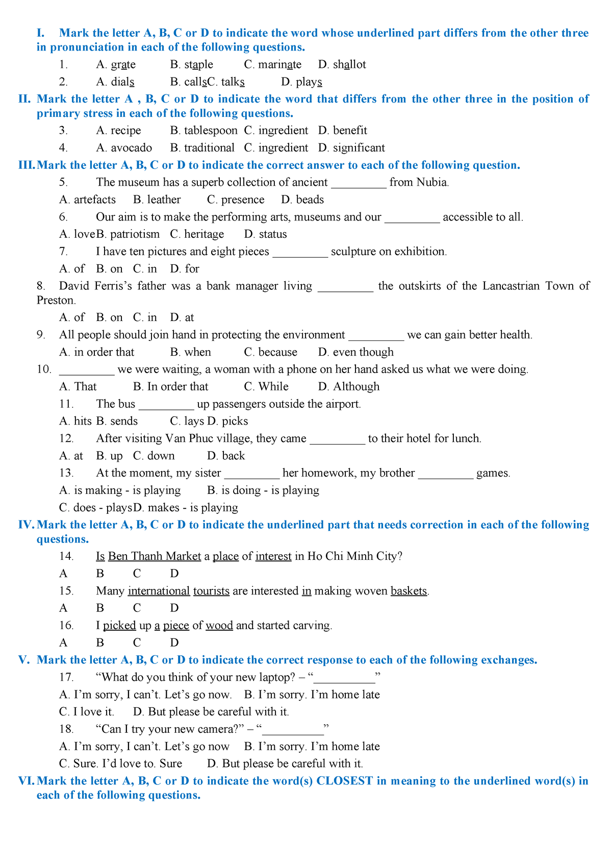 A2 - ffffff - I. Mark the letter A, B, C or D to indicate the word ...