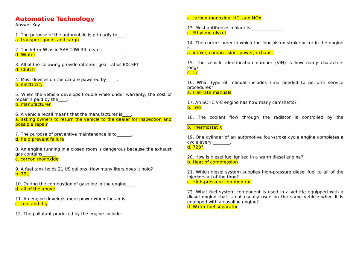 Major Mockboard Reviewer - Automotive Technology Answer Key 1. The ...