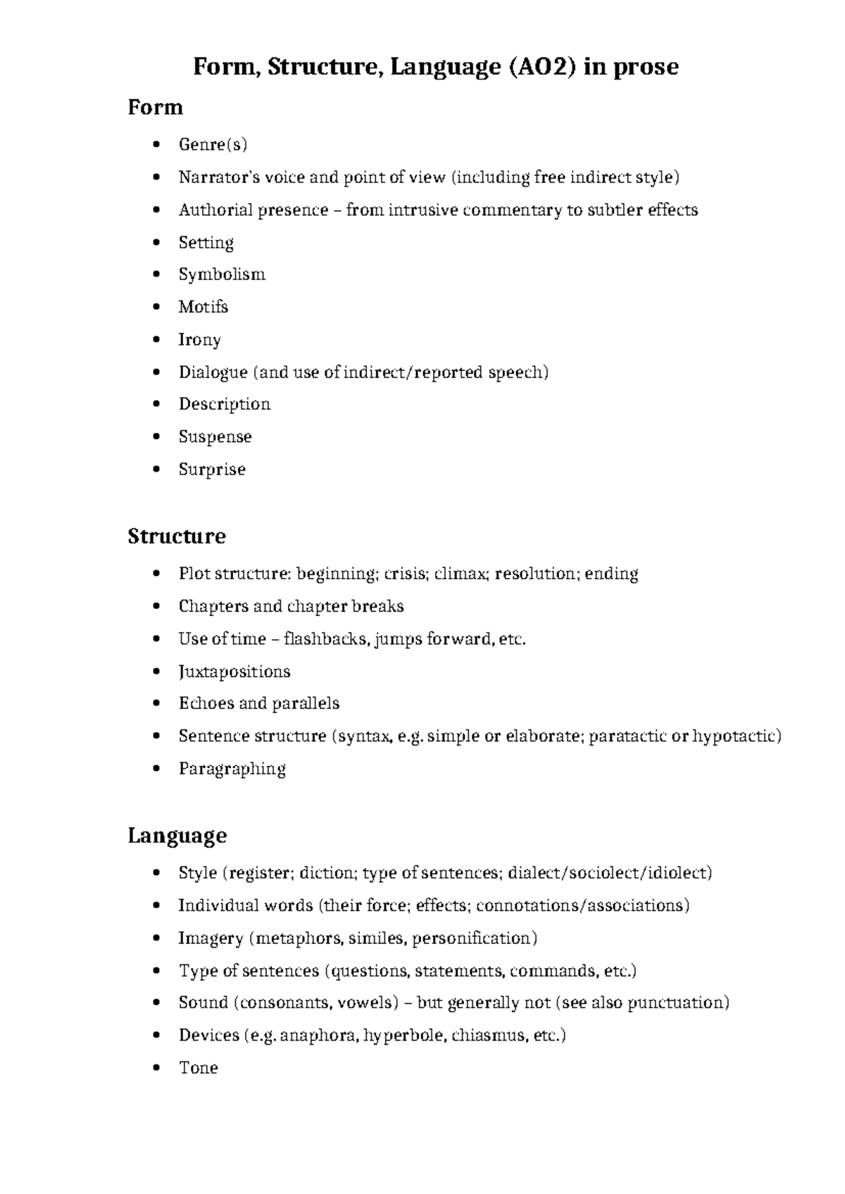 AO2 in novels - Form, Structure, Language (AO2) in prose Form Genre(s ...