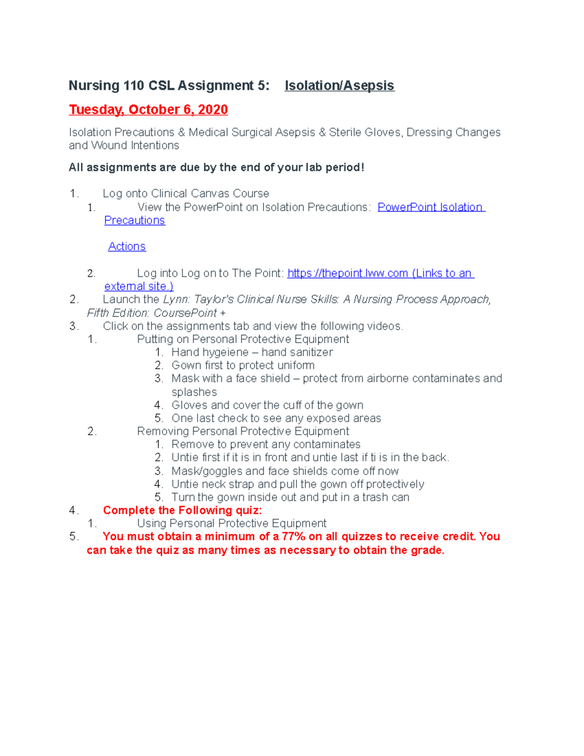NURS 110 - CSL 10-6 - CSL in october - Nursing 110 CSL Assignment 5 ...
