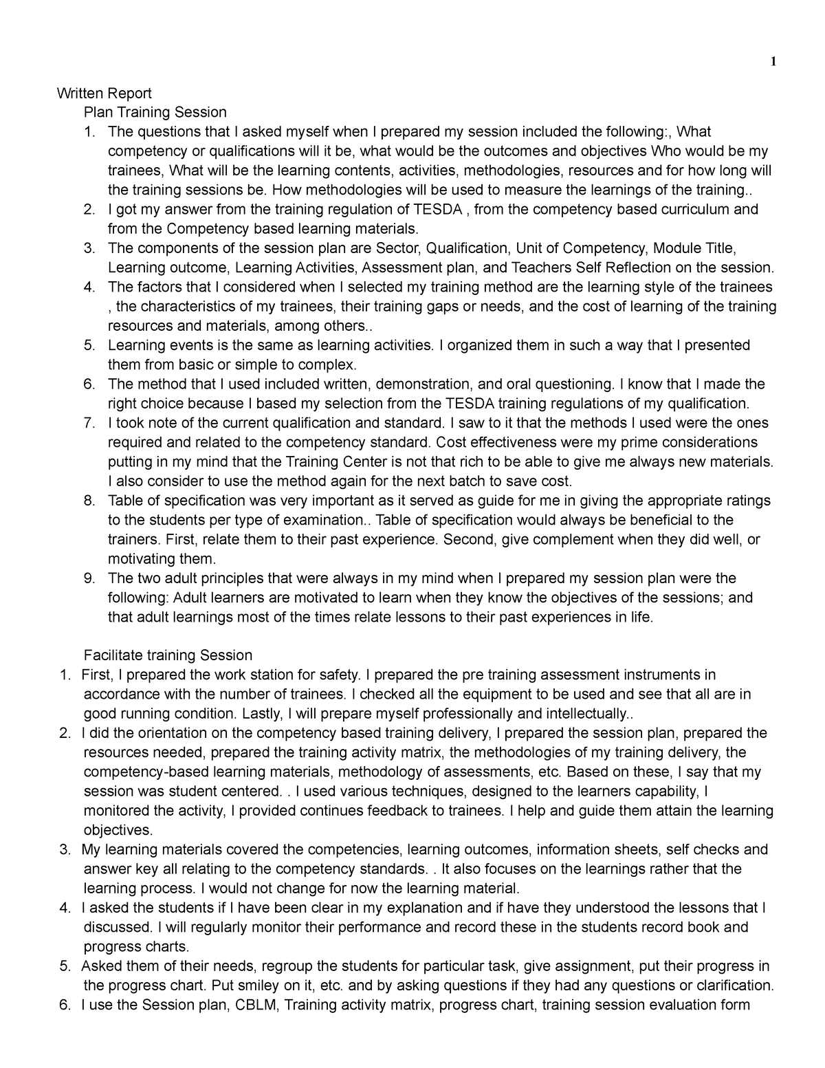 Pdfcoffee - 1 Written Report Plan Training Session 1. The questions ...