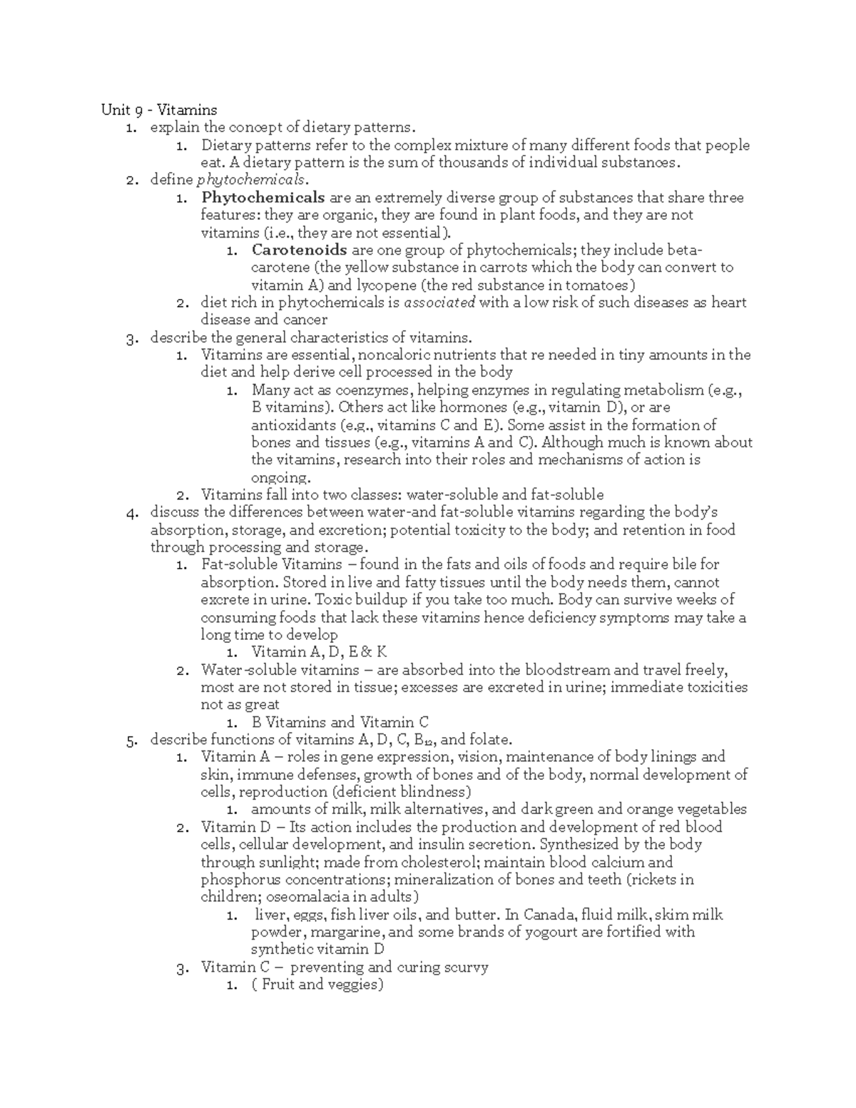 Final Units 915 Summary Nutrition for Health Unit 9 Vitamins 1
